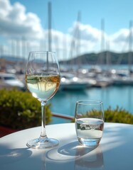 Fototapeta premium Two glasses with white drink sit on table by sea harbor with yachts. Refreshing beverage served at waterside cafe outdoor terrace. Enjoying warm sunny day outside.