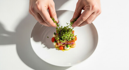 Overhead view of a professional chef's hands carefully garnishing a sophisticated gourmet dish with fresh microgreens, emphasizing fine dining presentation on a clean white background.