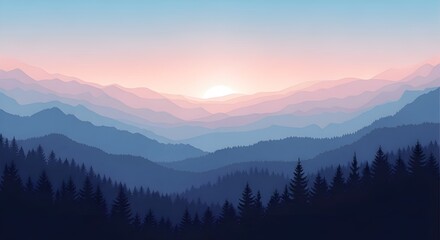 Obraz premium Un conjunto de paisajes vectoriales de montaña en un estilo plano. Los papeles pintados naturales son un concepto minimalista y poligonal. Amanecer, terreno brumoso con pendientes, montañas cerca de