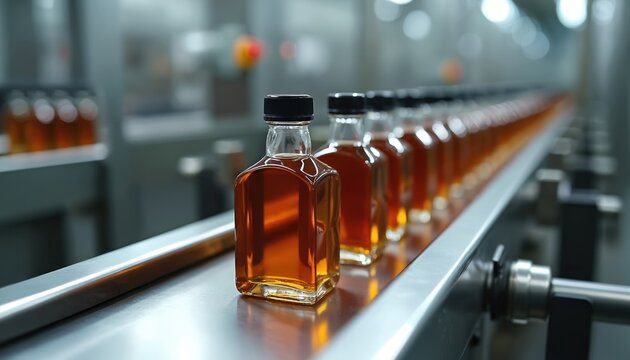 Bottles of amber maple syrup move along a factory conveyor belt. Automated production line fills and packages sweet, natural liquid for sale. Food processing at its finest.