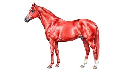 Red horse illustration, elegant standing profile isolated on white background with copy space for design.