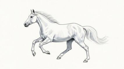 White horse running, isolated illustration of a galloping horse on white background