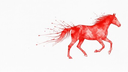 Dynamic red watercolor horse, artistic illustration with paint splatters symbolizing energy and movement on white background with copy space.