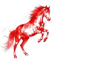 Dynamic red rearing horse illustration, artistic watercolor painting of a powerful stallion on a clean white background with copy space.