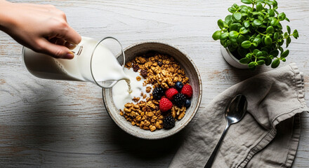 Rustic Granola Bowl with Berries and Pouring Milk
