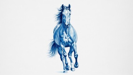 Majestic blue horse galloping, powerful equine movement, isolated on white background with copy space