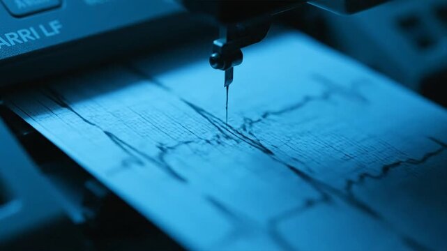 Close-up view of ecg machine printing detailed heart rhythm on graph paper in a medical environment
