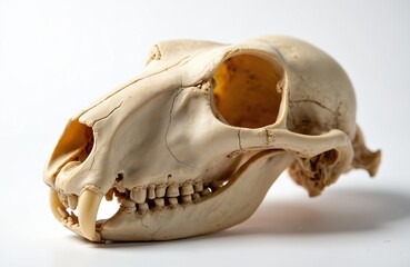 Fototapeta premium Close view of hare skull with sharp teeth and empty eye sockets. Bone structure of small mammal head on white background. Detailed animal remains object.