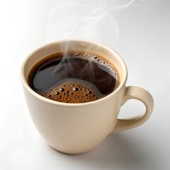 A steaming hot cup of black coffee in a white mug white background