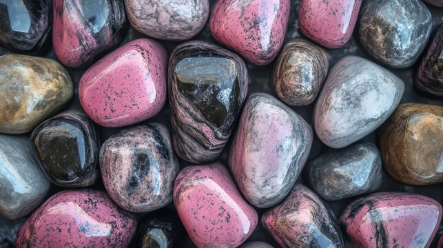 Close up view of polished pink rhodonite gemstone segments showing characteristic marbled patterns and textures