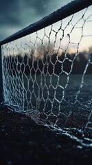 Soccer goal net with ice on a cold day