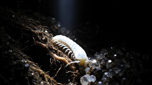 Macro of Translucent Isopod Crawling Under Spotlight on Dark Soil