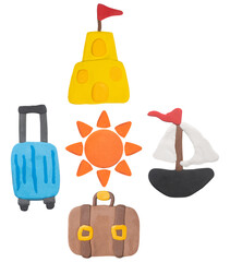 claymation and fondant crafted icons representing summer vacation and travel, including a sandcastle, sailboat, suitcase, and sun, perfect for holiday themes.
