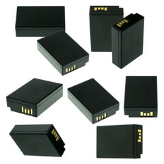 a collection of various black digital camera batteries with golden contacts, isolated on a transparent background, showcasing different angles and perspectives for electronic device accessories.