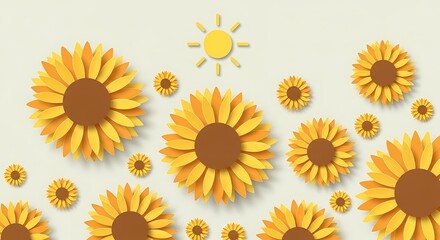 Bright Yellow Sunflowers and Sun Illustration.
