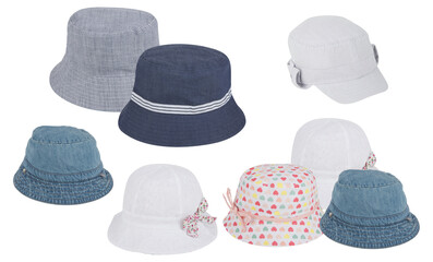 a charming assortment of children's hats, including bucket hats and caps in various patterns like stripes, denim, and floral prints, presented on a clean transparent background for easy styling.