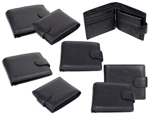 an assortment of black leather bi-fold wallets for men, displayed from multiple viewpoints against a dark background, emphasizing their classic design and practical compartments.