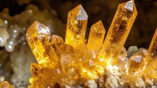 A close up macro photograph of a cluster of perfectly formed yellow citrine quartz crystals