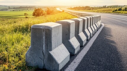 A long line of large angular reinforced concrete barriers are installed along the side of a highway with a grassy field and distant landscape under bright sunlight