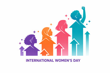 Diverse women ascend on colorful arrows symbolizing progress and empowerment on International Women's Day