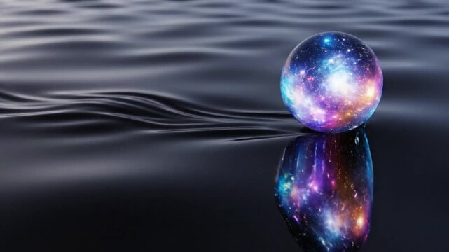 A glowing galaxy sphere floats on rippling water with a reflective surface and vibrant colors in a dark background.