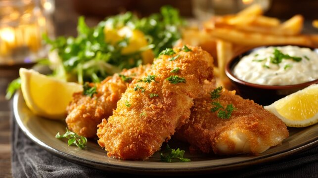 Crispy Golden Fried Fish Fillets Served with Fresh Lemon Wedges, Tartar Sauce, French Fries, and a Side of Mixed Green Salad on a Rustic Wooden Table