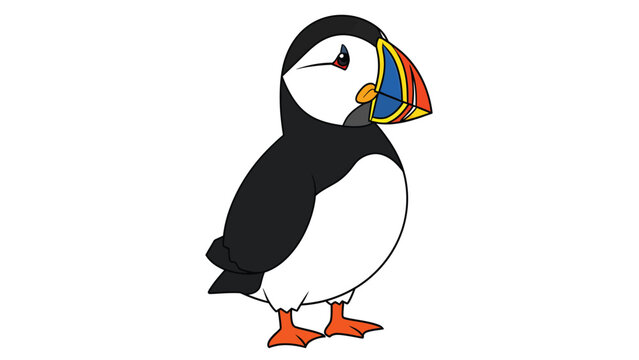 Cute Atlantic Puffin cartoon illustration. Colorful seabird with distinctive beak and orange feet, isolated on white.