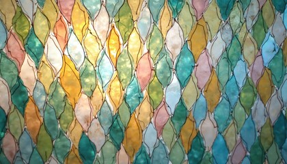 Abstract pastel leaves pattern. Translucent shapes form a mosaic. Light passes through colorful elements, creating a soft texture. Pearl hues add a delicate touch. Suitable for backgrounds.