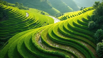 Acrylglasbilder Reisfelder Lush green terraced rice fields cascade down hillsides. Water reflects sunlight in curved paddies. Rural landscape shows agriculture in Asia. Lush growth forms natural beauty.  © Maryna