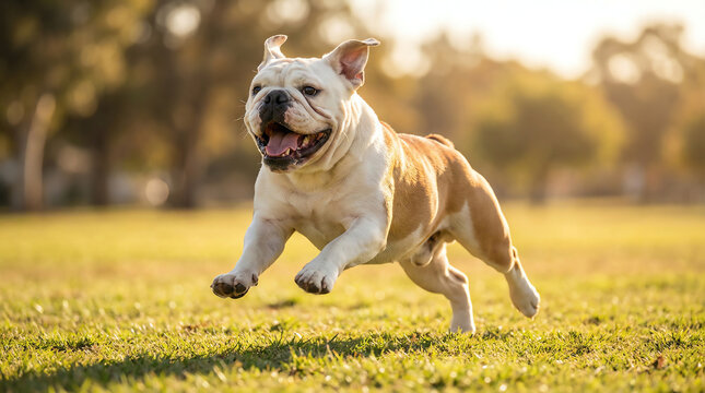 English Bulldog jumping mid-air with joyful expression in outdoor park
