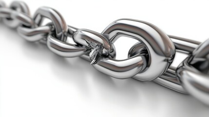 Obraz premium Gleaming stainless steel chain with a deliberately broken link on a white background