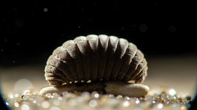 Pill bug rolled up on stone in macro dark environment