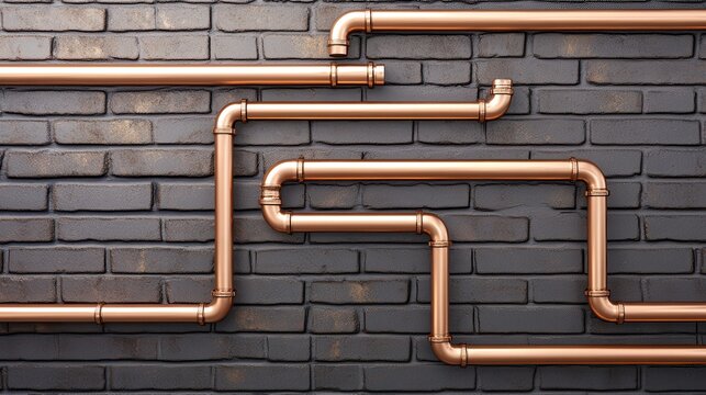 Gleaming copper pipes arranged in an orderly fashion against a dark brick wall background showcasing a complex industrial network