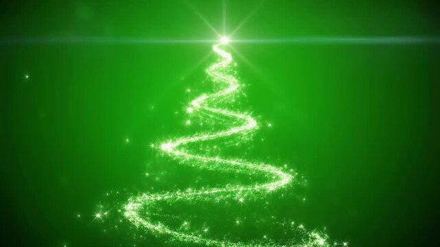 A sparkling light trail forms a festive Christmas tree shape on a vibrant green background with a bright star