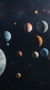 Cinematic 3D video of the solar system with realistic planets orbiting the sun. Detailed tex