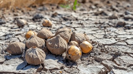 Pile of desiccated seed pods brittle and brown scattered on cracked earth surface