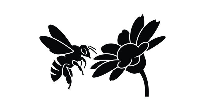 A black silhouette of a bee visiting a flower