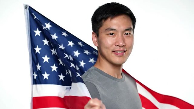Asian man holding the United States flag in a clean white studio. Neutral lifestyle footage suitable for diversity, identity, nationality, representation, and multicultural concept visuals.