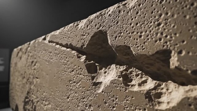 Close-up shot of a cracked and weathered concrete block with a rough texture and dramatic lighting against a dark background.
