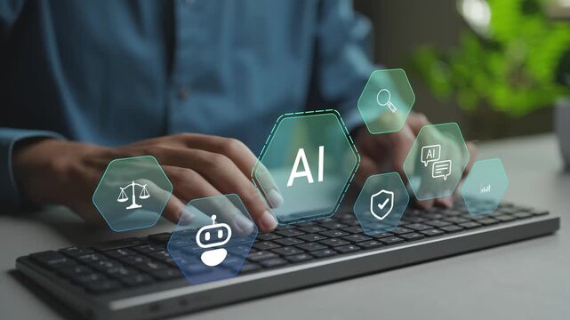 Digital artificial intelligence platform with virtual icons for machine learning, analytics and automation. Business professional interacting with AI-driven tools via an online interface.