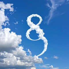 Obraz premium A numeral eight is formed from clouds in a brilliant blue sky, showing a whimsical, ethereal quality