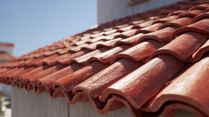 A close-up view of a red tile roof on a sunny day with architectural detail. The tiles create a wave-like pattern