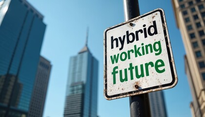 Fototapeta premium City street sign indicates hybrid working future. Tall modern office buildings and clear blue sky behind. Flexible work model concept for modern jobs.