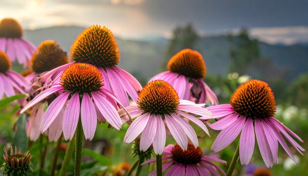Close up of vibrant coneflowers blooming under soft sunlight in a garden