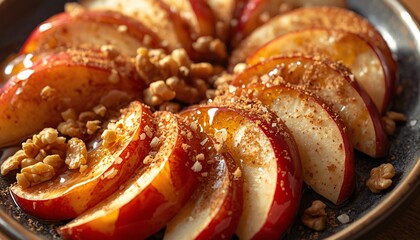 Fototapeta premium Sliced Red Apples with Honey, Walnuts, and Cinnamon Dust
