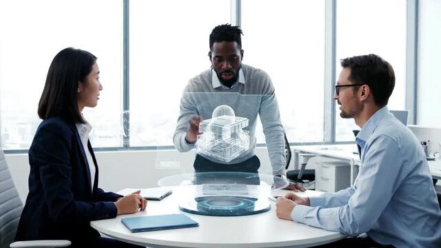 Diverse business team collaborating with a subtle AI hologram in a modern office. Futuristic yet realistic footage illustrating human and artificial intelligence collaboration innovation and corporate