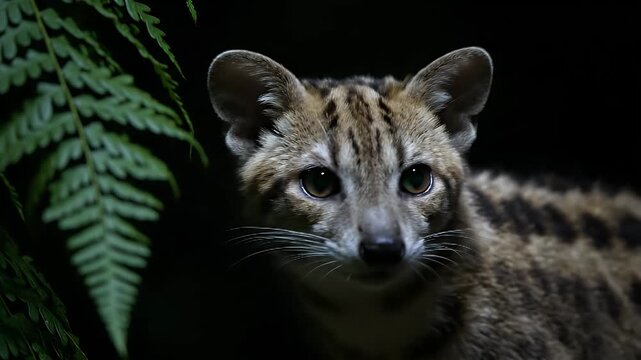 Adorable Oncilla Little Spotted Cat portrait in dark rainforest