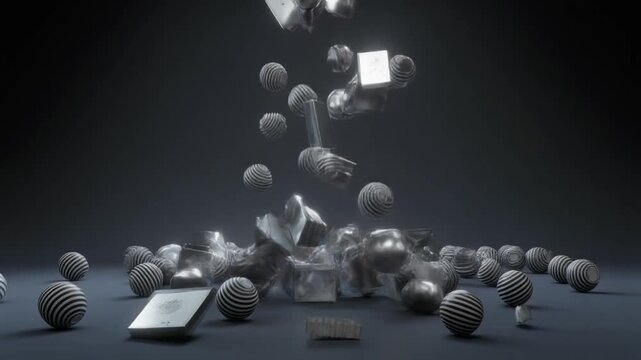 Shiny metallic abstract pieces and striped spheres falling and scattering on a dark background