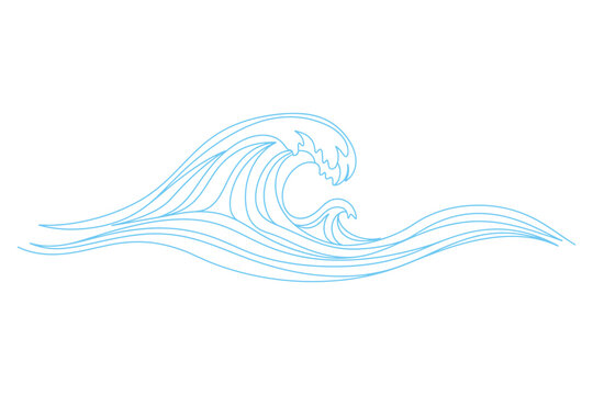 Stylized blue ocean wave crest curl drawing crashing water flow simple line vector illustration