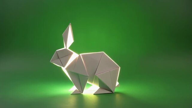 A white origami rabbit is beautifully illuminated on a simple green background
